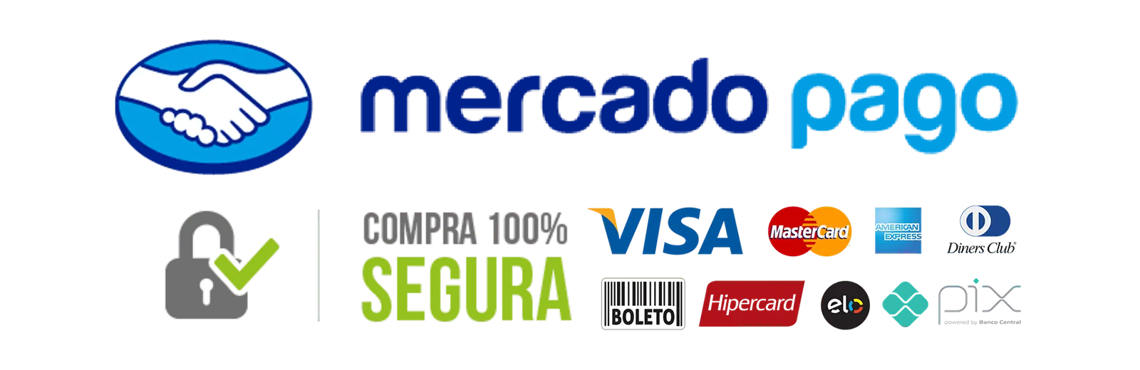 Mercado Pago: Visa, Mastercard, American Express, Diners Club, boleto, Hipercard, Elo e Pix. Compra segura.